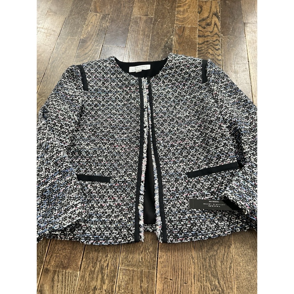 TAHARI ARTHUR S. LEVINE Size 12 MultiColor Tweed Sequin Fringe Blazer Open Nwt